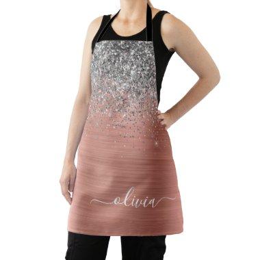 Brushed Metal Rose Gold Silver Glitter Monogram Apron