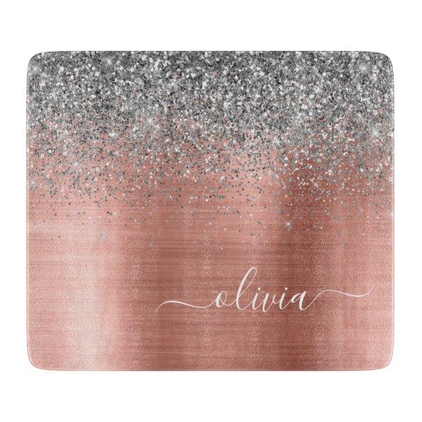 Brushed Metal Rose Gold Silver Glitter Monogram Cutting Board