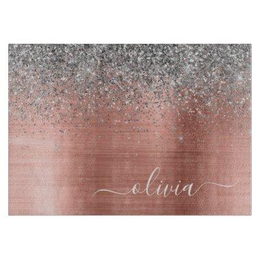 Brushed Metal Rose Gold Silver Glitter Monogram Cutting Board
