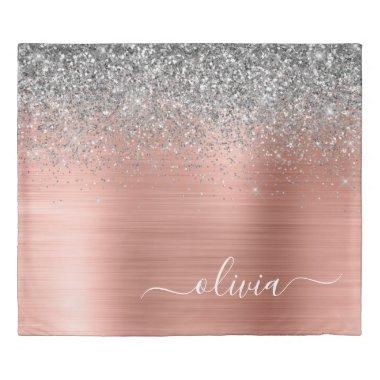 Brushed Metal Rose Gold Silver Glitter Monogram Duvet Cover