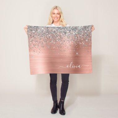 Brushed Metal Rose Gold Silver Glitter Monogram Fleece Blanket