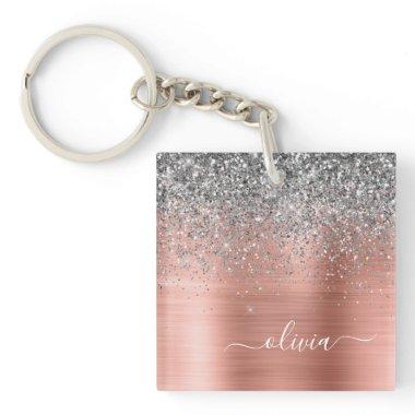 Brushed Metal Rose Gold Silver Glitter Monogram Keychain
