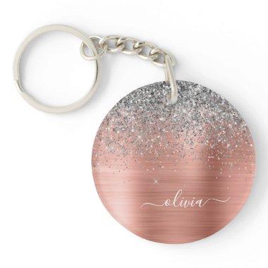 Brushed Metal Rose Gold Silver Glitter Monogram Keychain