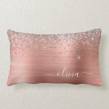 Brushed Metal Rose Gold Silver Glitter Monogram Lumbar Pillow