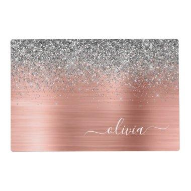Brushed Metal Rose Gold Silver Glitter Monogram Placemat