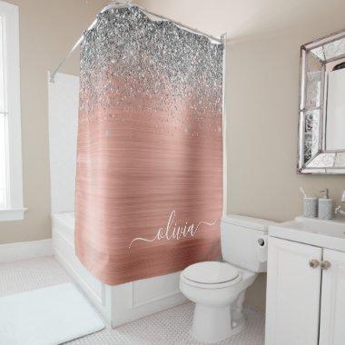Brushed Metal Rose Gold Silver Glitter Monogram Shower Curtain
