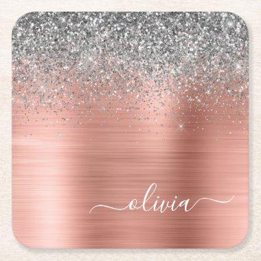 Brushed Metal Rose Gold Silver Glitter Monogram Square Paper Coaster