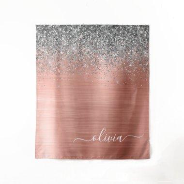 Brushed Metal Rose Gold Silver Glitter Monogram Tapestry