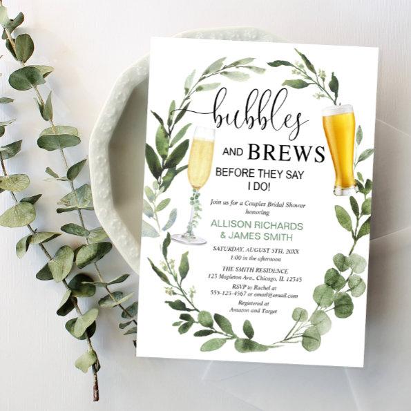 Bubbles and Brews greenery couples bridal shower Invitations