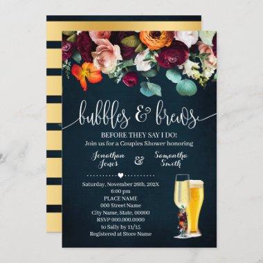 Bubbles and Brews Wine Flowers Blue Wedding Shower Invitations
