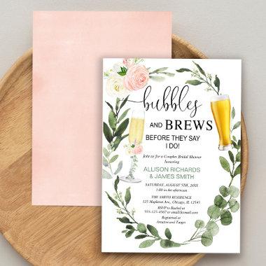 Bubbles Brews pink greenery couples bridal shower Invitations
