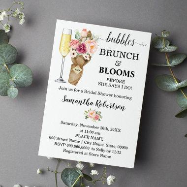 Bubbles Brunch & Blooms Bridal Shower Pink flowers Invitations