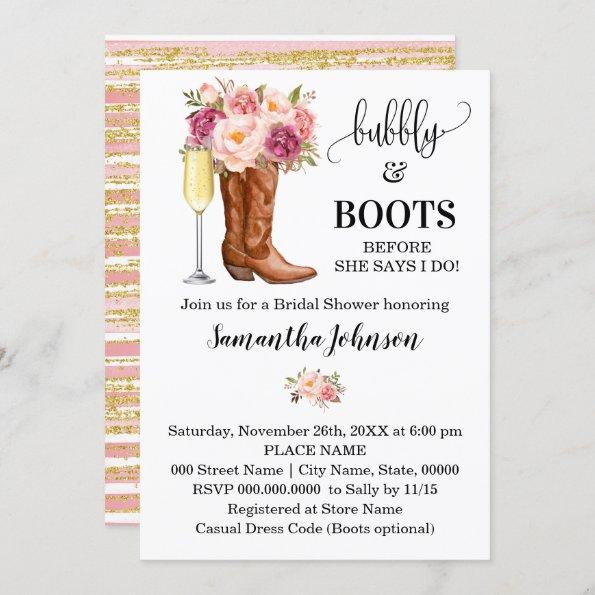 Bubbly & Boots Bridal Shower Pink flowers Invitations