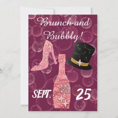 Bubbly & Brunch & Glitter Rose Champagne Bottle In Invitations