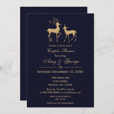 Buck and Doe Navy Gold Winter Couples Shower Invitations