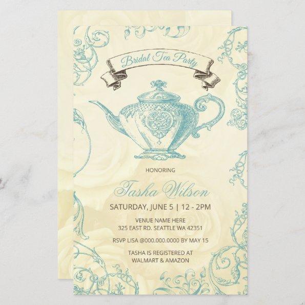 Budget Aqua Ivory Vintage Bridal Tea Invitations