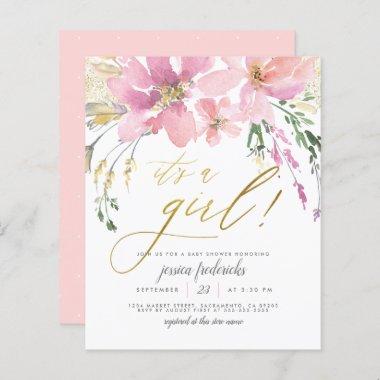 Budget Blush & Gold It's A Girl Floral Baby Shower