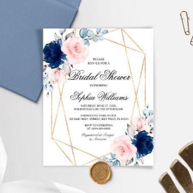 Budget Blush Pink & Navy Bridal Shower Invitations