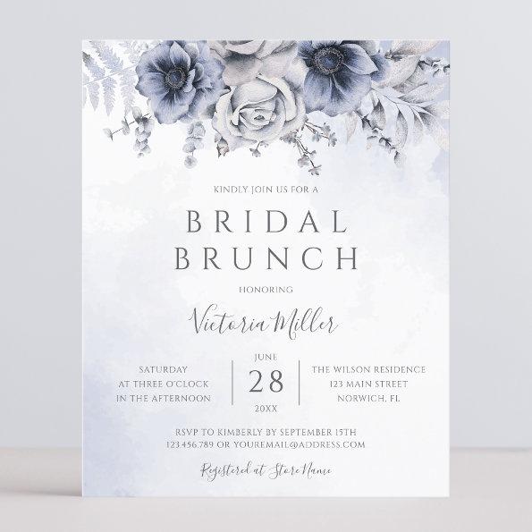 Budget Dusty Blue Navy Floral Bridal Brunch Invite