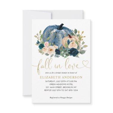 Budget Fall Love Blue Floral Pumpkin Bridal Shower Note Invitations