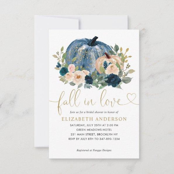 Budget Fall Love Blue Floral Pumpkin Bridal Shower Note Invitations