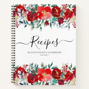 Budget Floral Burgundy Red Holiday Kitchen Recipe Notebook