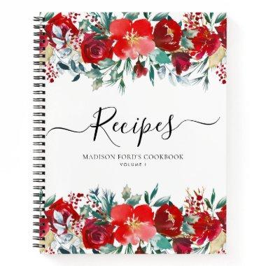 Budget Floral Burgundy Red Holiday Kitchen Recipe Notebook