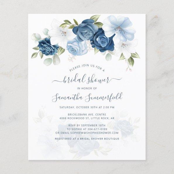 Budget Floral Dusty Blue Bridal Shower Invitations