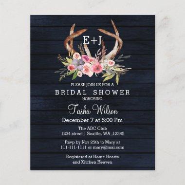 Budget Floral Navy Antler Bridal Shower Invitations