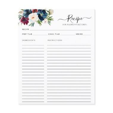 Budget Floral Navy Blue Burgundy Kitchen Recipe Flyer