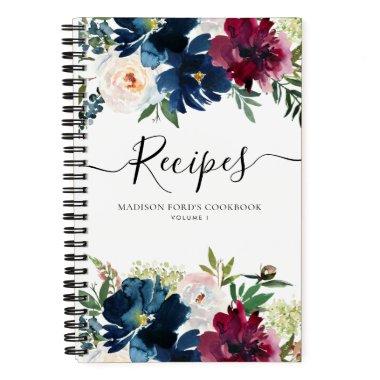 Budget Floral Navy Blue Burgundy Watercolor Recipe Notebook