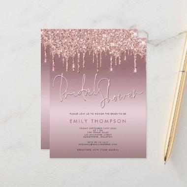Budget Glitter Drip Rose Gold Bridal Shower Invite
