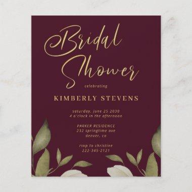 Budget gold burgundy bridal shower Invitations flyer
