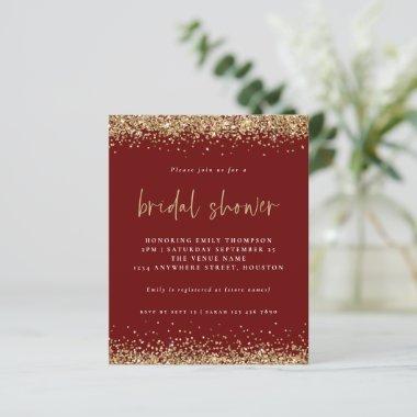 Budget Gold Glitter Bridal Shower Burgundy Invite