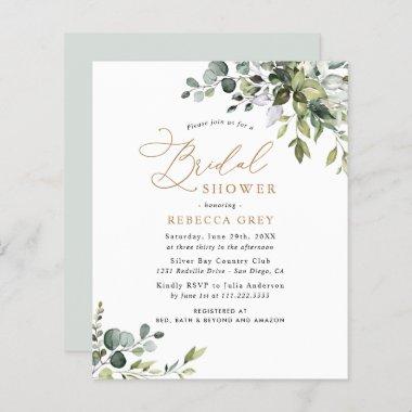 Budget Gold Text Greenery Bridal Shower Invitations