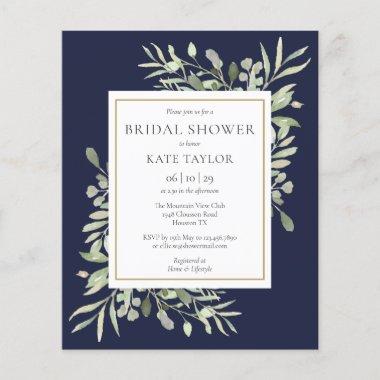 Budget Greenery Navy Blue Bridal Shower Invitations