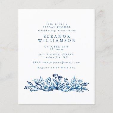 Budget Indigo Blue Ink Floral Bridal Shower Invite