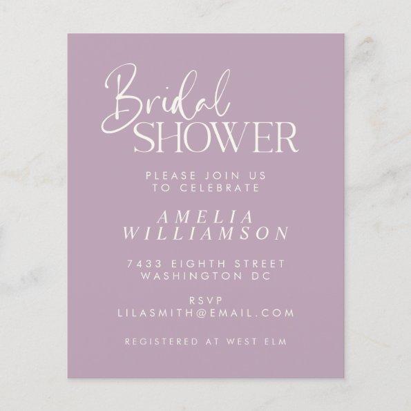 Budget Minimal Lilac Script Bridal Shower Invite