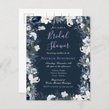 Budget Modern Navy Blue Floral Bridal Shower Invitation PostInvitations