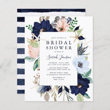 Budget Nautical Blue Floral Bridal Shower Invite