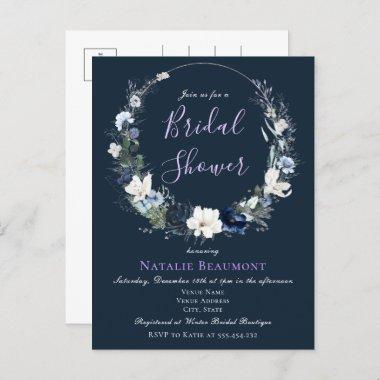 Budget Navy Blue Botanical Floral Bridal Shower Invitation PostInvitations