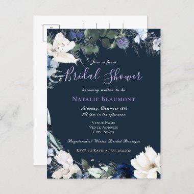 Budget Navy Blue Elegant Floral Bridal Shower Invitation PostInvitations