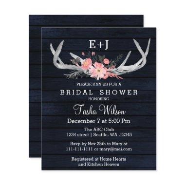 Budget Navy Floral Antler Bridal Shower Invitations