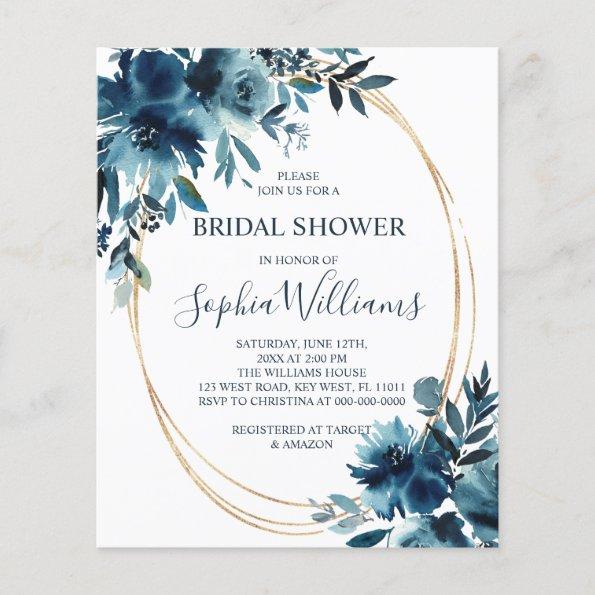 Budget Navy Flower & Gold Bridal Shower Invitations