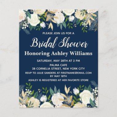 Budget Navy Greenery Rose Bridal Shower Invitations