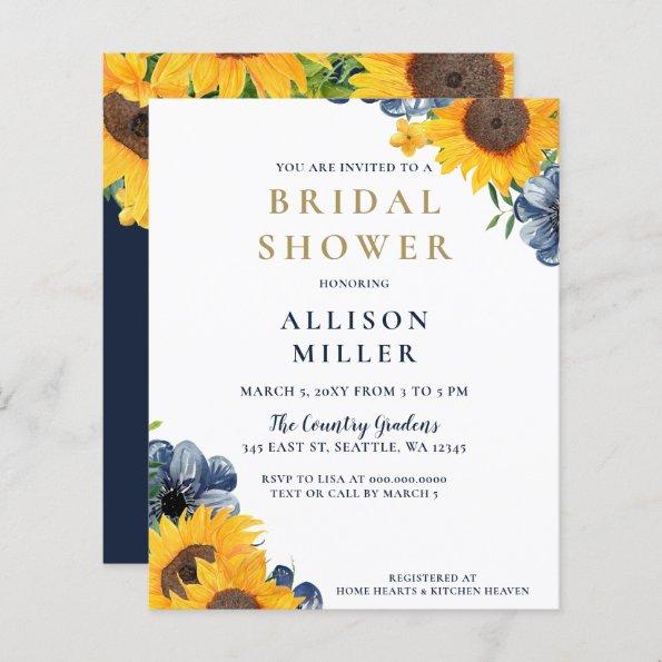 Budget Navy Sunflower Bridal Shower Invitations
