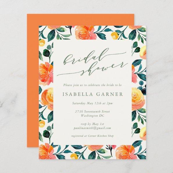 Budget Orange Floral Art Bridal Shower Invite