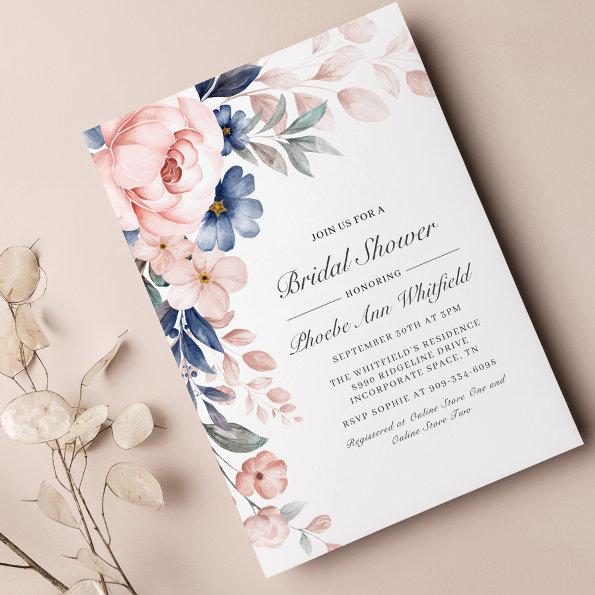 Budget Pink Blue Floral Bridal Shower Invitations