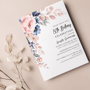 Budget Pink Floral 80th Birthday Party Invitations