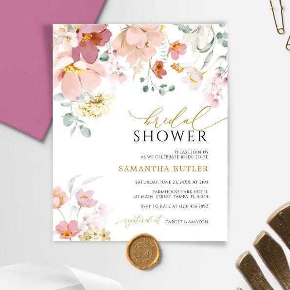 Budget Pink Wildflowers Bridal Shower Invitations